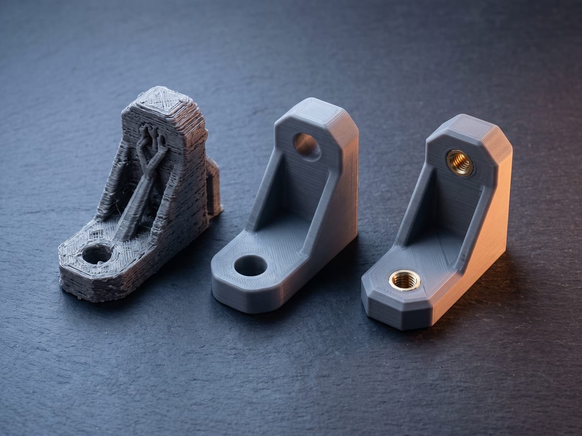 Três versões da mesma peça impressa em 3D lado a lado mostrando a evolução do projeto