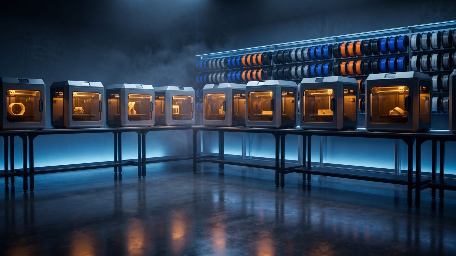 Laboratório de impressão 3D da CEJ TECH SOLUTION com impressoras profissionais em operação